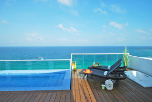 The breathtaking view from the rooftop pool at 2000 of Tim's Ocean Condos in Cancun Mexico