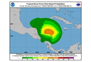Map showing tropical-storm-force wind speed probabilities for Hurricane Sara, with projected path approaching Belize and the Yucatán Peninsula, including Cancun. Forecast indicates possible winds up to 74 mph by early next week, with earliest arrival in Cancun on Friday, November 15, 8:00 am EST.