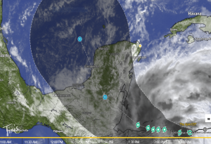 Satellite image showing the location of Tropical Storm Sara on November 14 at 3:00 PM Central Standard Time.