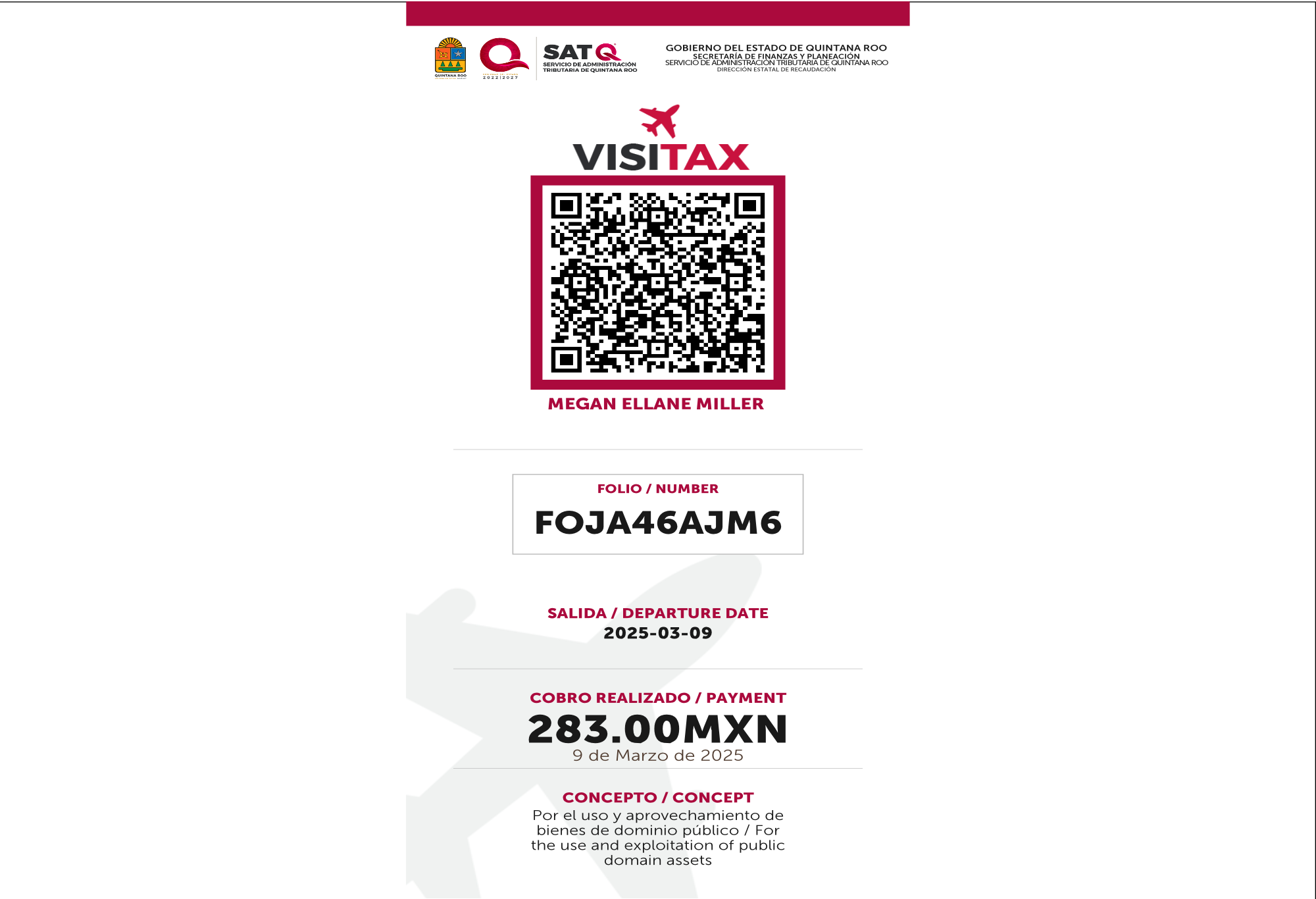 Visitax proof of payment with QR code on her phone at Cancun Airport before departure Visitax proof of payment with QR code on her phone at Cancun Airport before departure