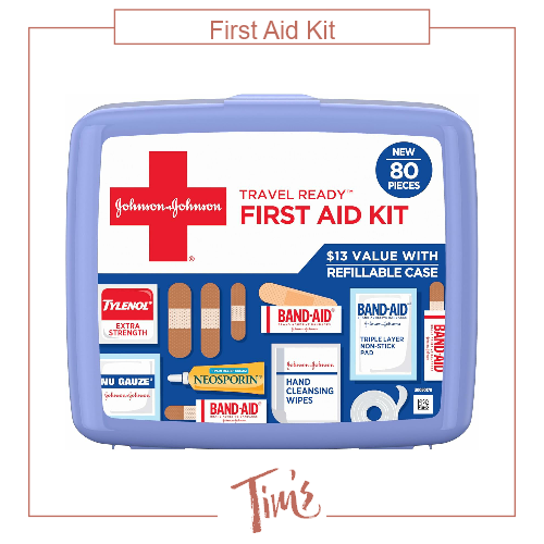 BAND-AID Brand Travel Ready Portable First Aid Kit with assorted bandages and wound care items for travel, car, and outdoor use.