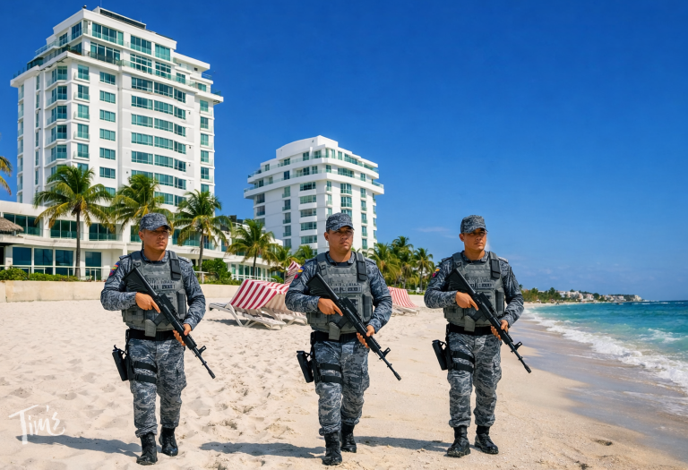 Mexican National Guard soldiers patrolling the beach in front of ÓLEO Cancún Playa near Tim’s Ocean Condos penthouses in Cancun.
