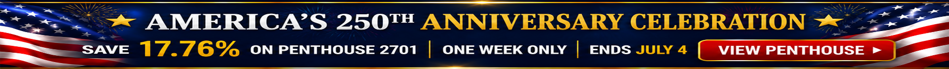 America's 250th Anniversary Celebration banner promoting 17.76% savings on Penthouse 2701 at Tim's Ocean Condos, a beachfront vacation rental Cancun.