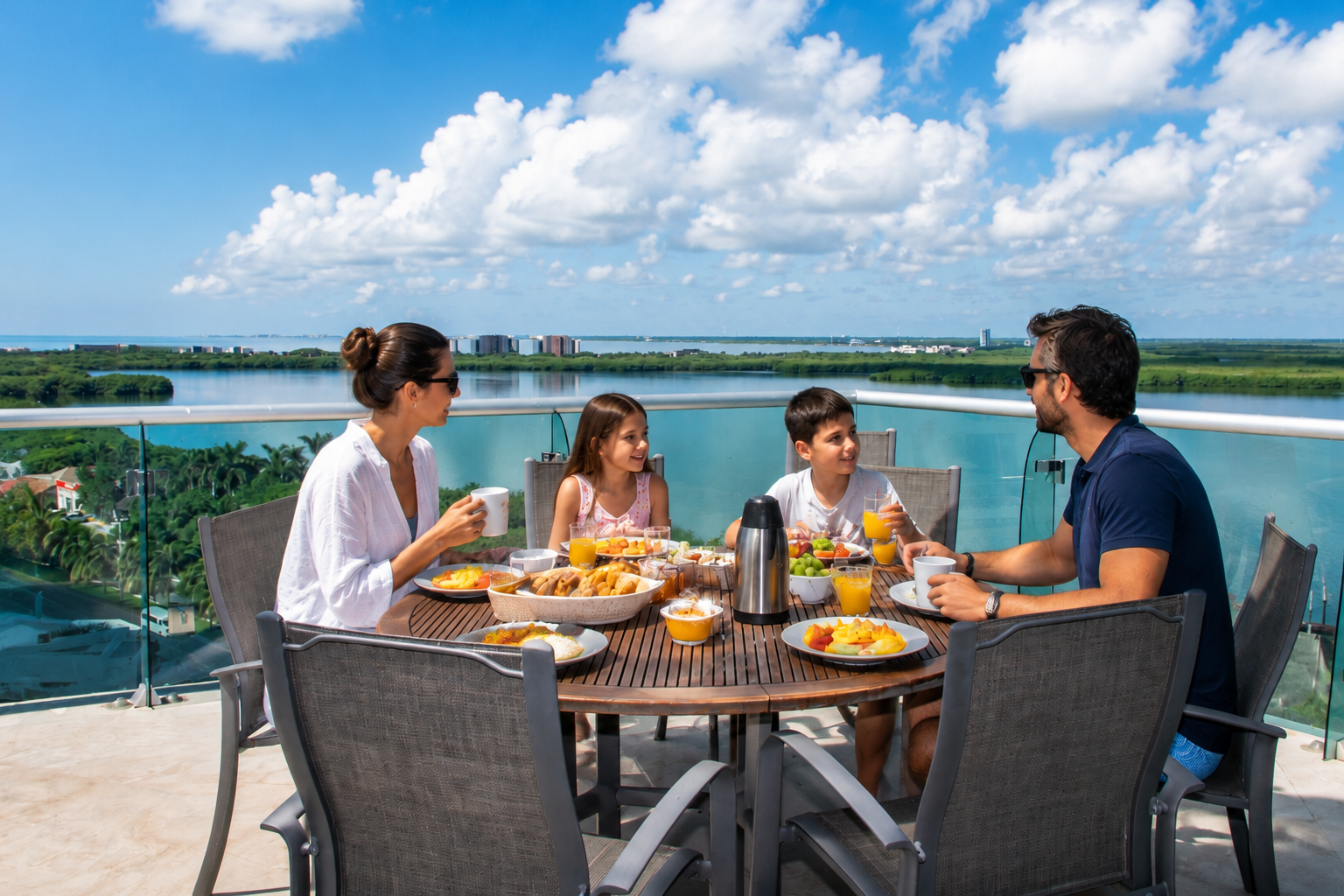 Family enjoying breakfast on a private penthouse terrace overlooking the Cancun lagoon at Tim's Ocean Condos.