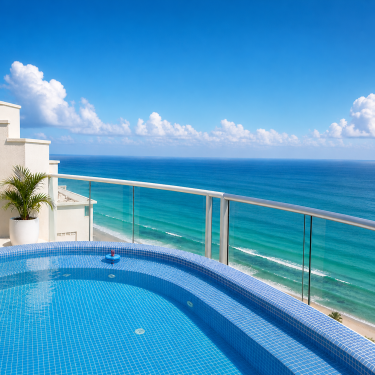 Private rooftop pool overlooking the Caribbean Sea at Tim's Ocean Condos in Cancun Mexico
