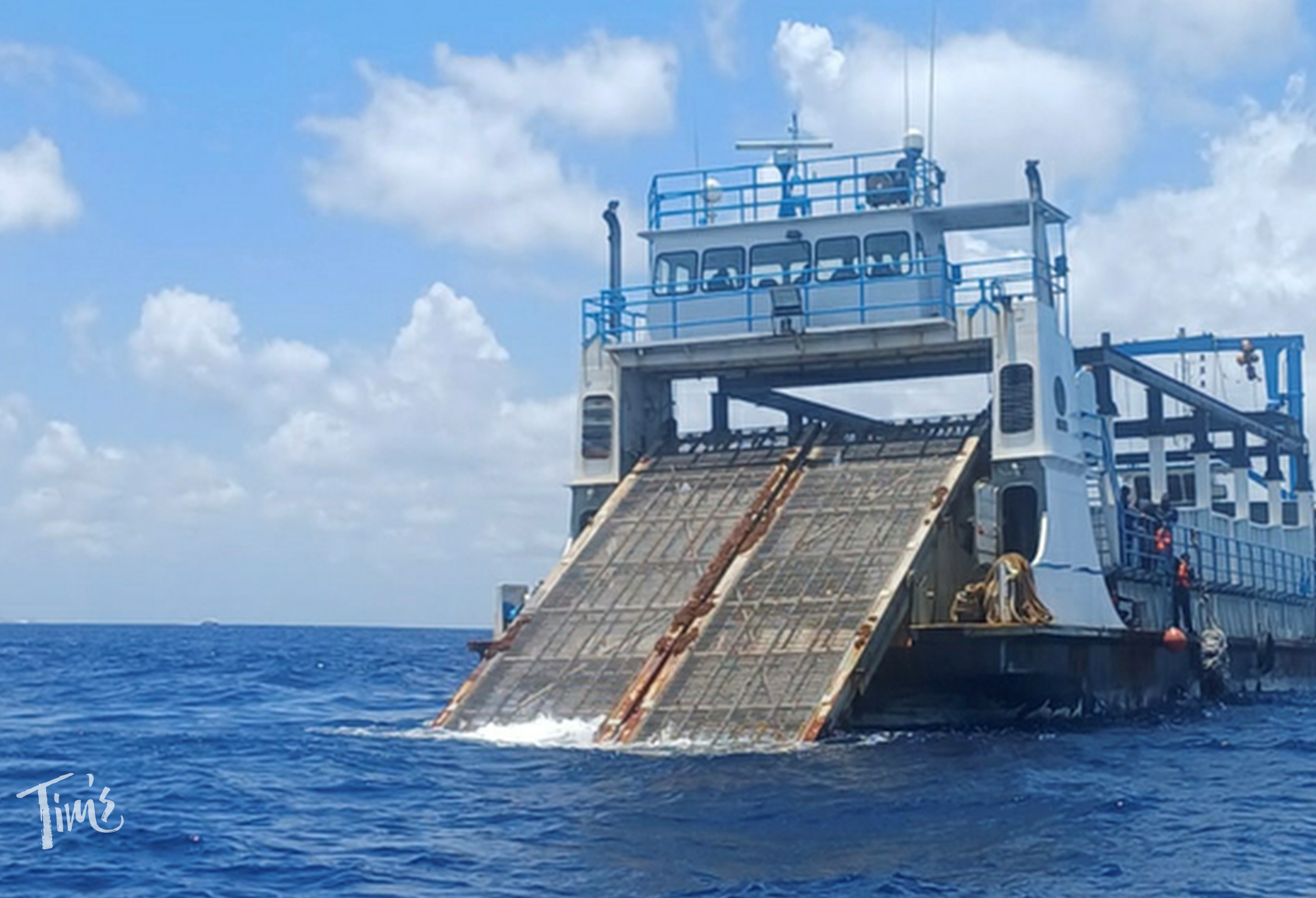 Mexican Navy sargassum collection ship operating in the Caribbean near Cancun in 2026