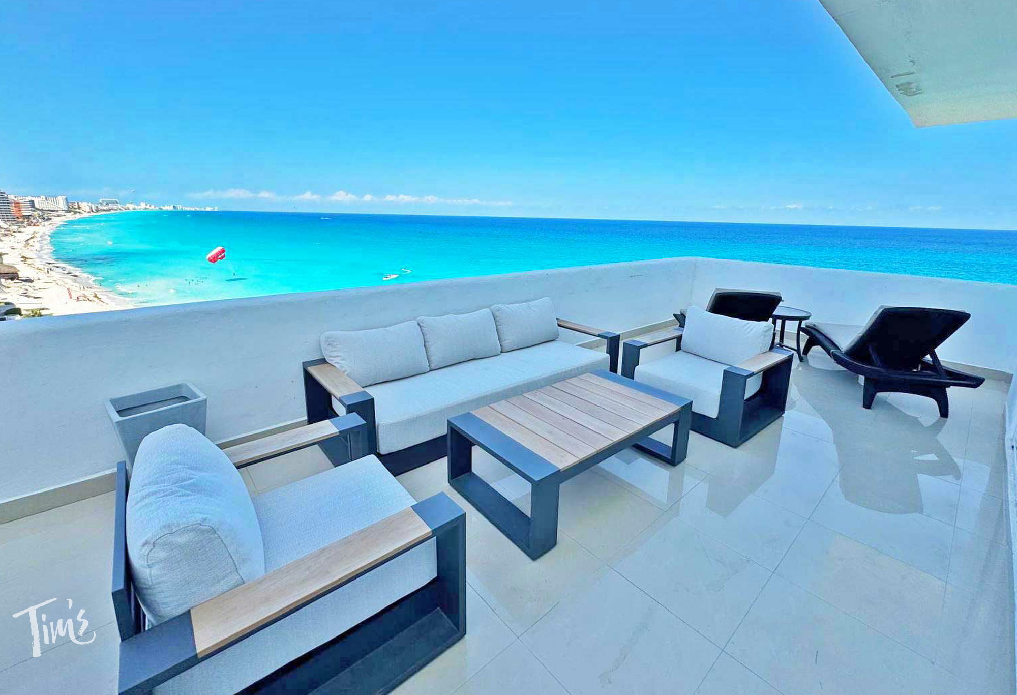 Penthouse 3702 oceanfront terrace at Tim's Ocean Condos vacation rental in Cancun, Mexico