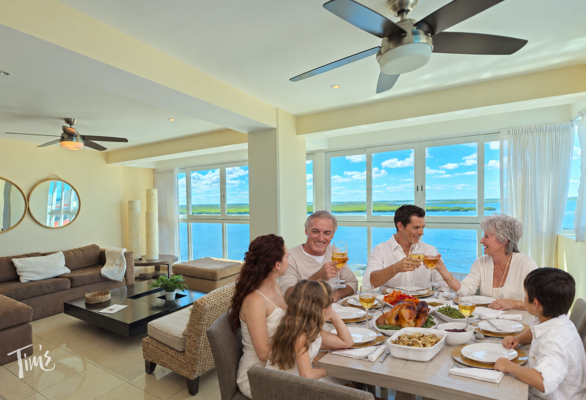 Family sharing Thanksgiving dinner around the dining table in Penthouse 3703 at Tim’s Ocean Condos, with lagoon views.
