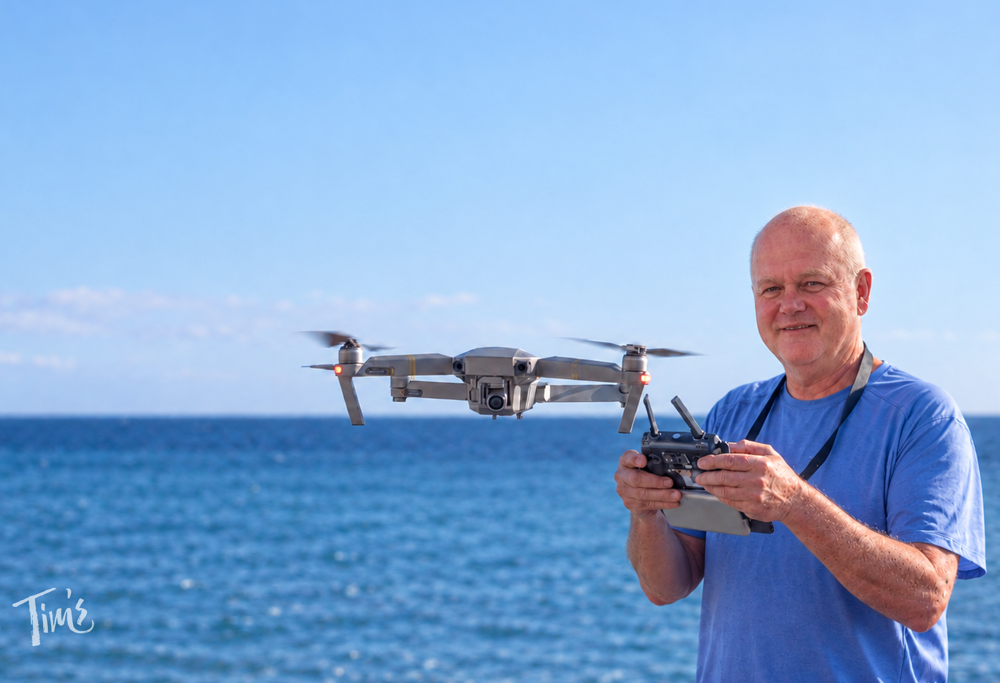 Tim Miller holds a drone controller beside the ocean in an illustrated image for Tim’s Ocean Condos